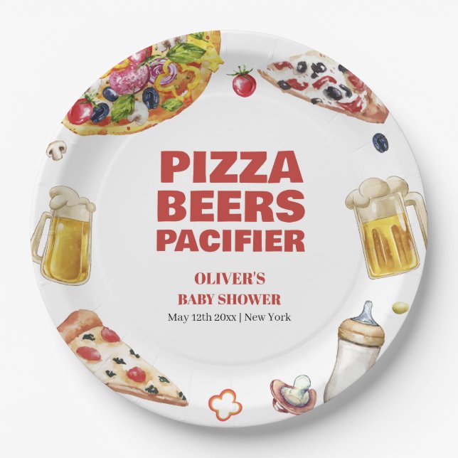Plato De Papel Mama Mia Pizza Italiana Beer Pacifier Baby Shower (Anverso)