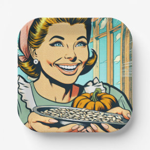 Plato De Papel Mamá retro sostiene placa de semillas de calabaza 