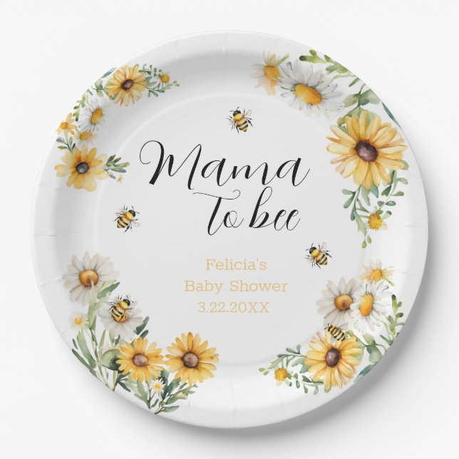 Plato De Papel Mama to Bee flores amarillas Bumblebee Baby Shower (Anverso)