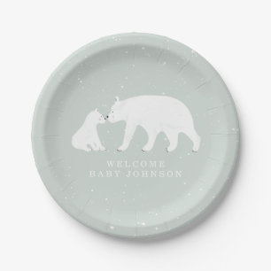 Plato De Papel Mama y Baby Polar Oso Azul Baby Shower Invierno