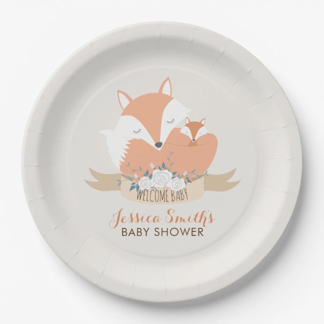 Plato De Papel Mamá y bebé Fox Baby Shower personalizada (Anverso)