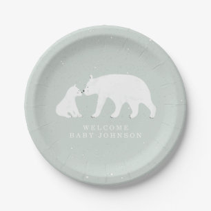 Plato De Papel Mamá y bebé polar osos azul en Baby Shower