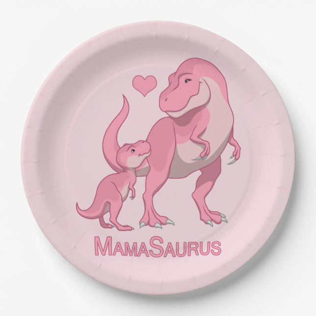 Plato De Papel MamaSaurus T-Rex y Baby Girl Dinosaurios (Anverso)
