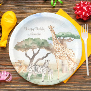 Plato De Papel Mami acuarela y animales africanos bebés