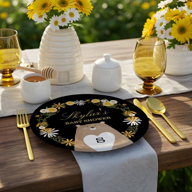 Plato De Papel Mami Bear & Sweet Honey Bee & Floral Baby Shower (Momma Bear & Sweet Honey Bee & Floral Baby Shower Paper Plates)