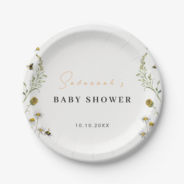 Plato De Papel Mami De Flor Silvestre En Baby Shower Neutral De G (Anverso)