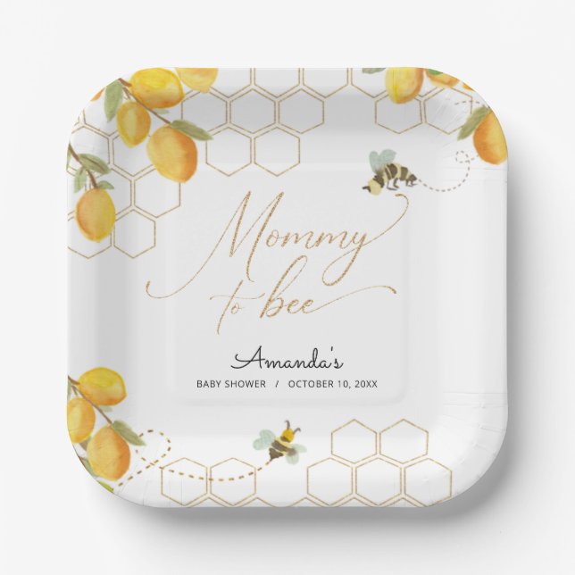 Plato De Papel Mami To Bee Lemons Purpurina Honeycomb Baby Shower (Anverso)