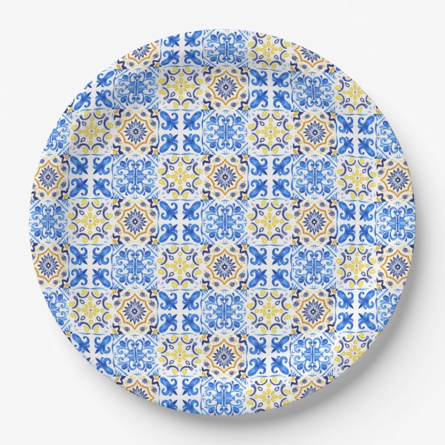 Plato De Papel Mamma Mia de mosaico azul italiano (Anverso)