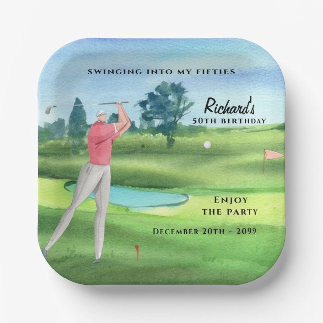 Plato De Papel Man Golf Player Swinging Fifties 50th Birthday (Anverso)