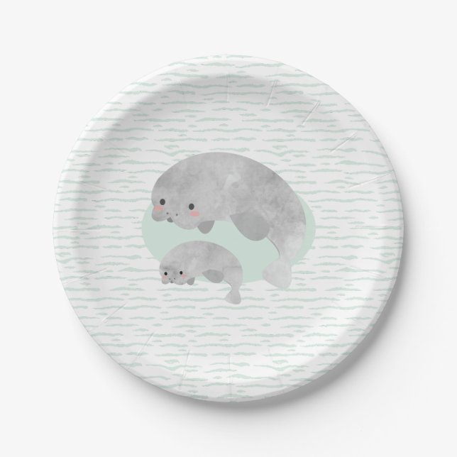 Plato De Papel Manatee con baño y bebé con Baby Shower con olas (Anverso)