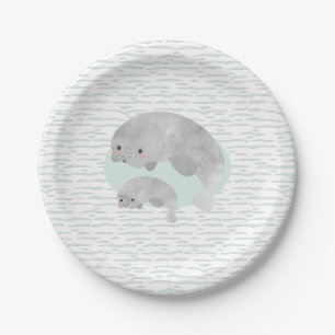 Plato De Papel Manatee de mamá y bebé con Baby Shower de olas