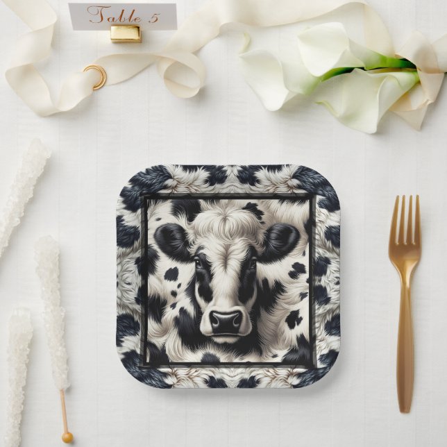 Plato De Papel Manchas Negras y Blancas de Vaca Piel de Vaca Pelu (Boda)