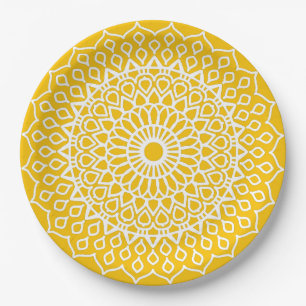 Plato De Papel Mandala amarilla y blanca - Cuerdas en miel