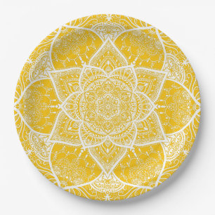 Plato De Papel Mandala amarilla y blanca - Loergans en miel