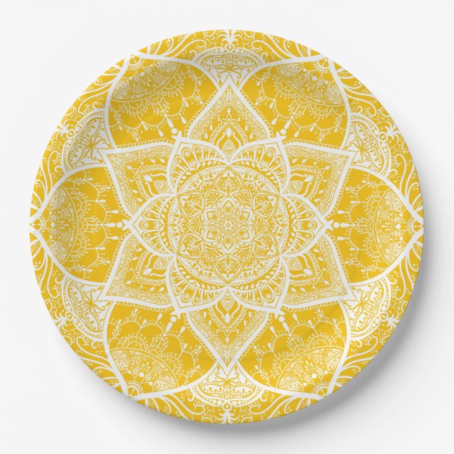 Plato De Papel Mandala amarilla y blanca - Loergans en miel (Anverso)