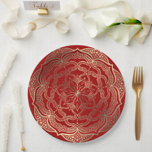 Plato De Papel Mandala Art Boho Elegant Gold Dark Navidades Rojos
