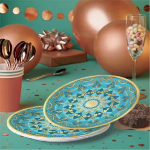 Plato De Papel Mandala azul dorado sobre fondo de oro suave