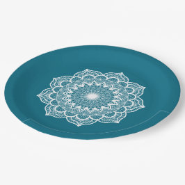 Plato De Papel Mandala Blanco sobre Fondo Azul