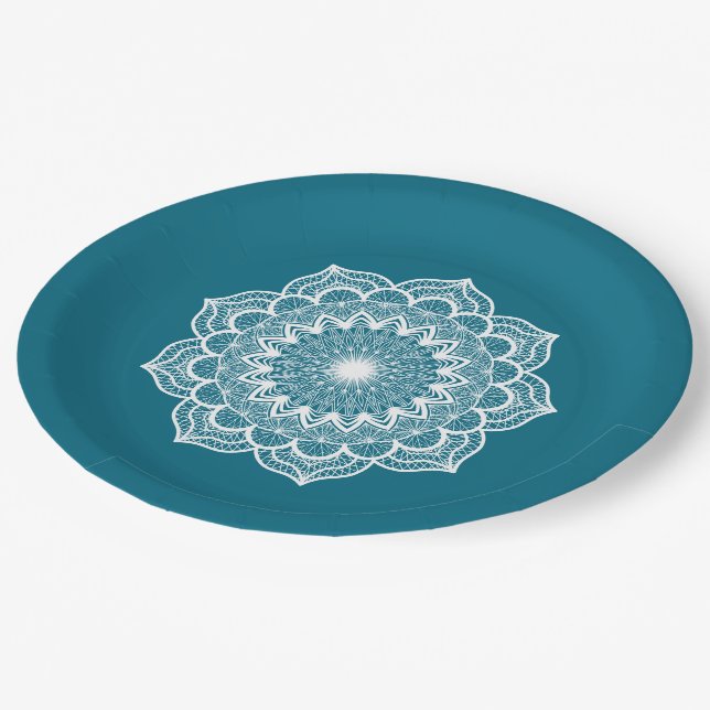 Plato De Papel Mandala Blanco sobre Fondo Azul (Angular)