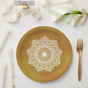 Plato De Papel Mandala Blanco sobre Fondo Dorado