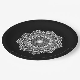 Plato De Papel Mandala Blanco sobre Fondo Negro