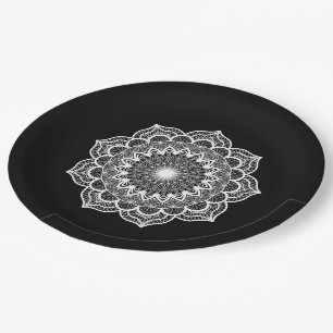 Plato De Papel Mandala Blanco sobre Fondo Negro