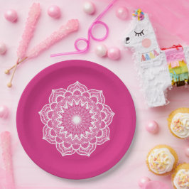 Plato De Papel Mandala Blanco sobre Fondo Rosa