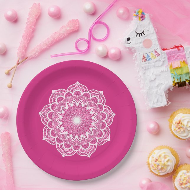 Plato De Papel Mandala Blanco sobre Fondo Rosa (Fiesta)