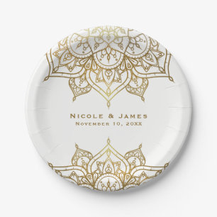 Plato De Papel Mandalá de Oro Blanco Chic Moderno Glam Boda