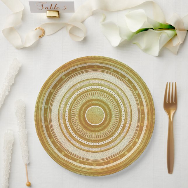 Plato De Papel Mandalá de Oro y Brillo (Boda)