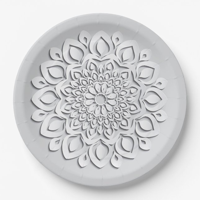 Plato De Papel Mándala de papel cortado blanco elegante (Anverso)