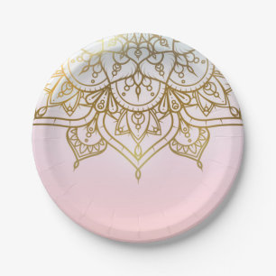 Plato De Papel Mandala Dorada Rosa Melocotón Chic Glam Fiesta