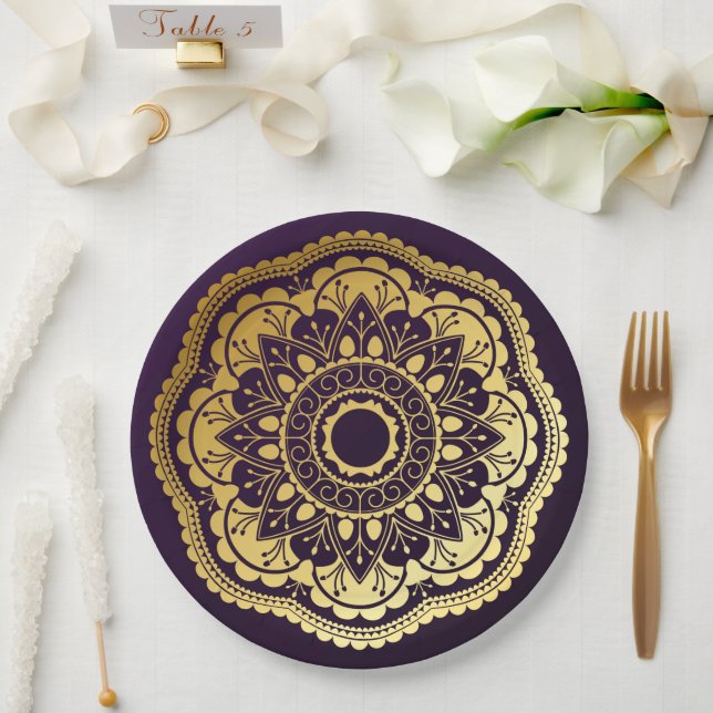 Plato De Papel Mandala dorada y púrpura (Boda)
