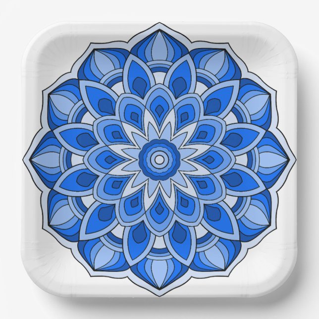 Plato De Papel Mandala en placa de papel azul (Anverso)
