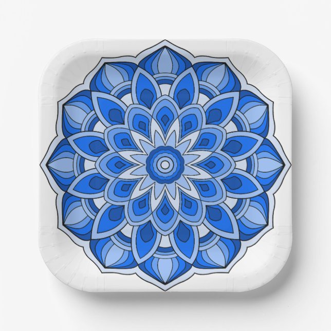 Plato De Papel Mandala en placa de papel azul (Anverso)