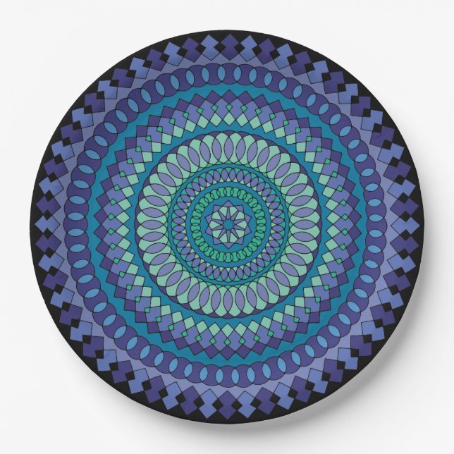 Plato De Papel Mandala Fiesta azul y verde (Anverso)