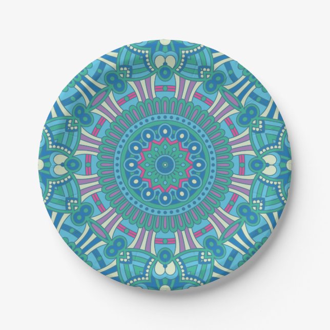 Plato De Papel Mandala geométrica bohemia rusa morada azul (Anverso)