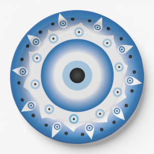 Plato De Papel Mandala griega malvado Ojo Azul Blanco