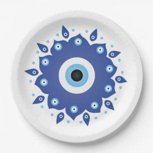 Plato De Papel Mandala griega malvado Ojo Azul Blanco