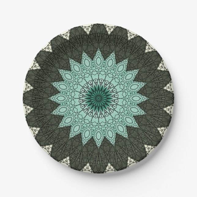 Plato De Papel Mandala Kaleidoscope en verde y azul (Anverso)