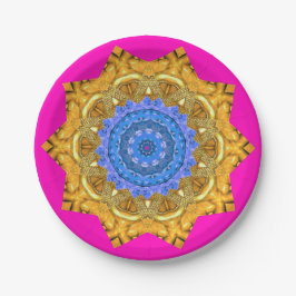 Plato De Papel Mandala Magic Blue & Gold sobre Fuchsia