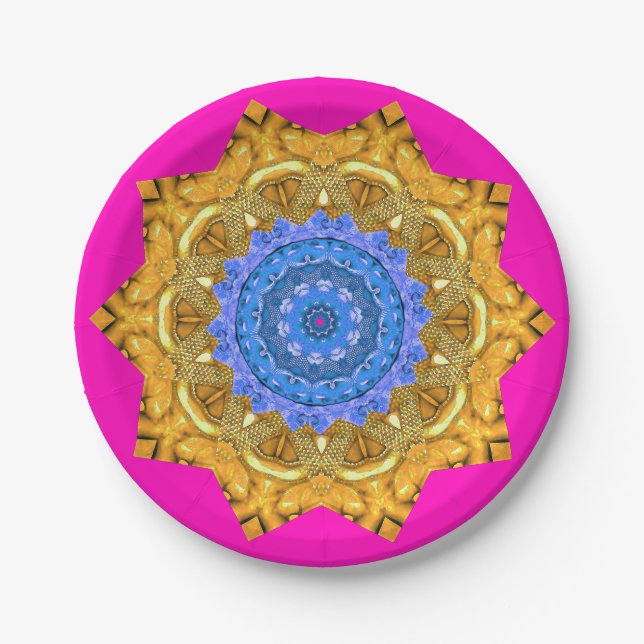 Plato De Papel Mandala Magic Blue & Gold sobre Fuchsia (Anverso)