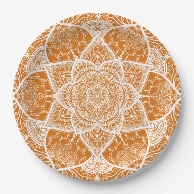 Plato De Papel Mandala naranja y blanca - Loergans en calabaza (Anverso)