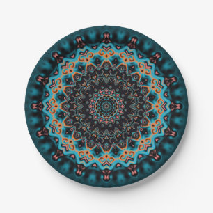 Plato De Papel Mandala negra azul Verde azulado naranja
