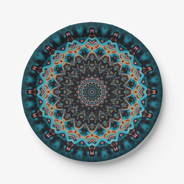 Plato De Papel Mandala negra azul Verde azulado naranja (Anverso)