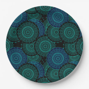 Plato De Papel Mandala redonda azul turquesa sobre fondo negro
