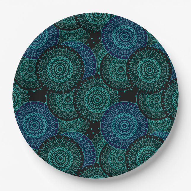 Plato De Papel Mandala redonda azul turquesa sobre fondo negro (Anverso)
