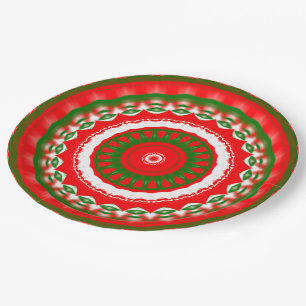 Plato De Papel Mandala roja, blanca y verde