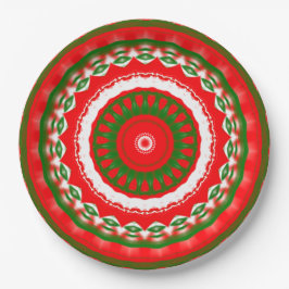 Plato De Papel Mandala roja, blanca y verde