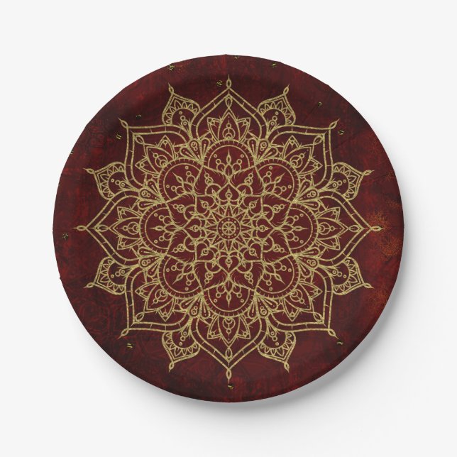 Plato De Papel Mandala Rojo Vino Profundo & Glam Dorado Moderno C (Anverso)